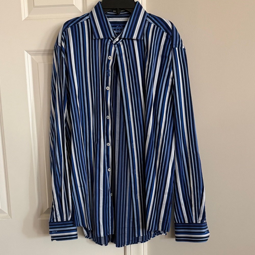Bugatchi Blue and White Vertical Stripe Dress Shirt